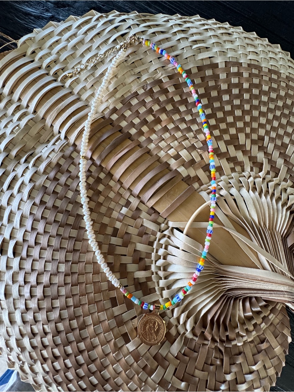 Gold Coin Pendant Multicolor Beaded Necklace with Pearls - Picture 3 of 5